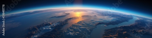 illustration, aerial view curvature of planet earth ,website header, ai generative