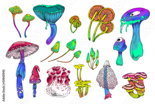 Magic mushrooms plants in psychedelic colors, vector illustration isolated.