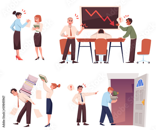 Overload and stressful work, toxic bosses set flat vector illustration isolated.
