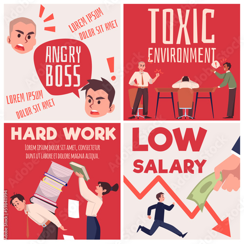 Bad working environment banners or cards collection, flat vector illustration.