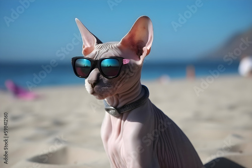 Sphynx cat in sunglasses on the beach near the sea, Generative AI 1 © Alina
