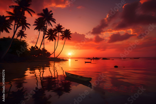 Sunset on a tropical beach, summer vacation, Generative AI 1 © Alina