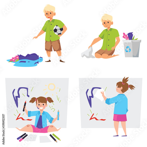 Children get dirty their room and clothing  flat vector illustration isolated.