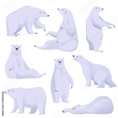 Polar bear in various poses set of animals, flat vector illustration isolated.