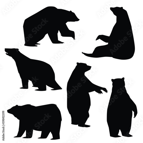 Set of black silhouettes of polar bears in different poses flat style