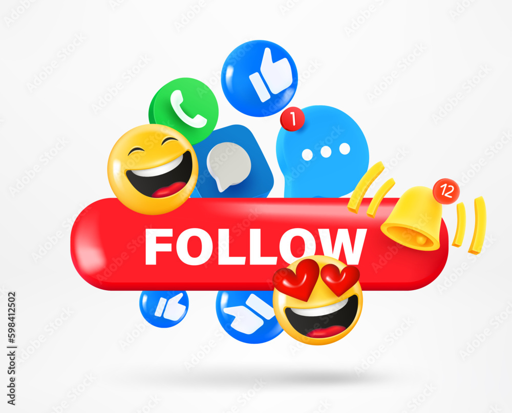 Social media icons and emoji and Follow button. Vector 3d illustration Social media icons and emoji and Follow button. Vector 3d illustration