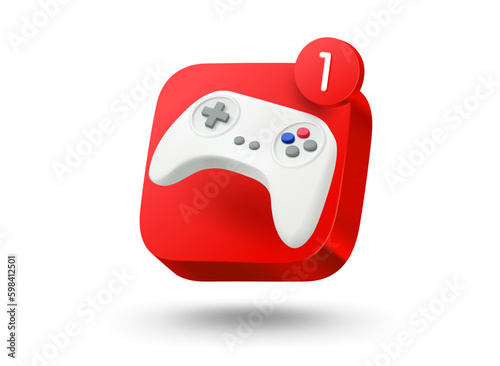 Game app button. 3d vector mobile application icon with notification