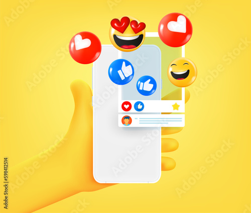 Social media post with reactions on smartphone screen. 3d vector illustration