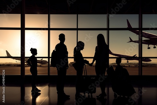 illustration, family silhouette at the airport, ai generative