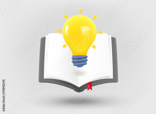 Book with brighting lightbulb. Inspiration concept. 3d vector illustration