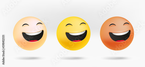 Different facial emoticons set. Laughing emotion. 3d vector isolated on white background