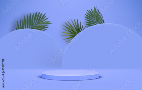 Bright illuminated blue interior with podium and green leaves. Eco friendly product showcase template. 3d vector background