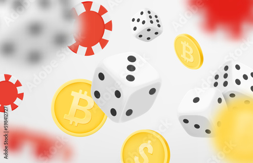 Casino game concept. Dice, casino chips and coins. Gamebling concept. 3d vector clipart photo