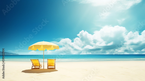 Fotografia Two chairs and beach umbrella at the beach with blue ocean and sky - Generative
