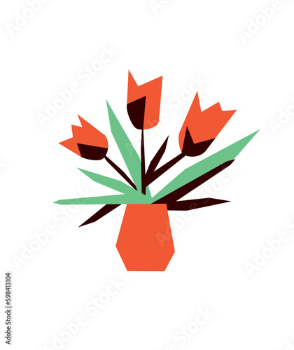 Simple Hand Drawn Floral Vector Print with Bouquete of Red Tulips in a Flowerpot isolated on a White Background. Infantile Style Abstract Blooming Flowers. Naive Floral Print ideal for Card, Wall Art.