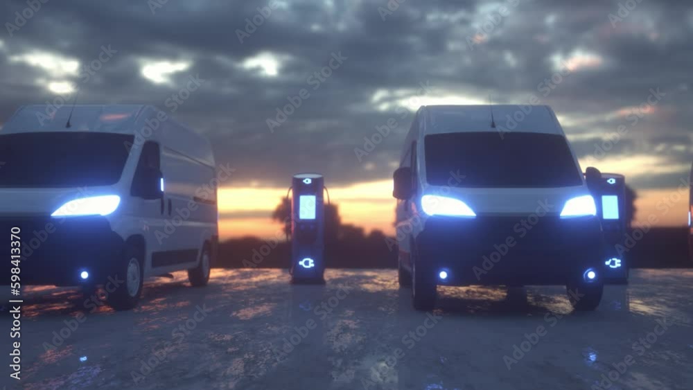 Electric cars charging at a charging station. Modern electric delivery van is charged at the charging station