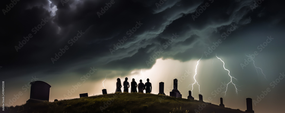 People gathered on a hill in the middle of a storm. Dark and intense silhouette, crackling glow of lightning. Mystery and thrill guaranteed. Generative AI - obrazy, fototapety, plakaty 