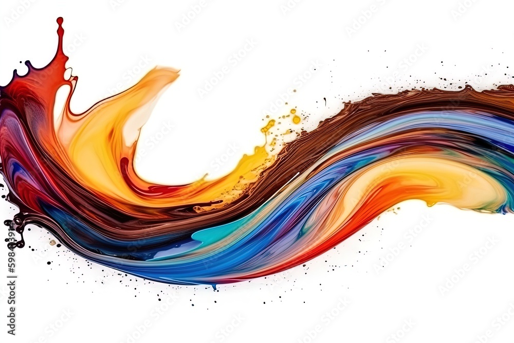Fototapeta premium Abstract acrylic paint colorful curved brush wave line on isolated white background. Vivid color liquid splashy wave with swirls