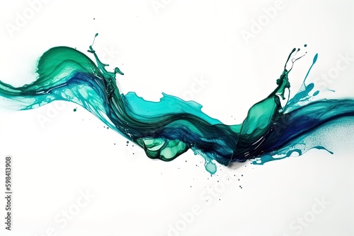 Abstract acrylic paint colorful curved brush wave line on isolated white background. Vivid green blue color liquid splashy wave with swirls