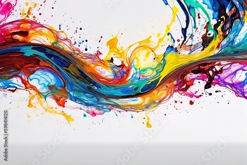 Abstract acrylic paint colorful curved brush wave line on isolated white background. Vivid color liquid splashy wave with swirls