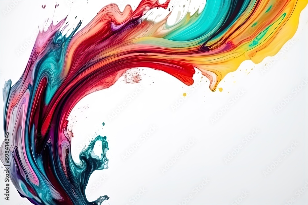 Abstract acrylic paint colorful curved brush wave line on isolated white background. Vivid color liquid splashy wave with swirls