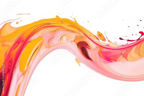 Abstract acrylic paint colorful curved brush wave line on isolated white background. Vivid orange purple color liquid splashy wave with swirls