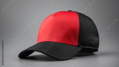 Black and red baseball cap on a grey background. Mock up design.