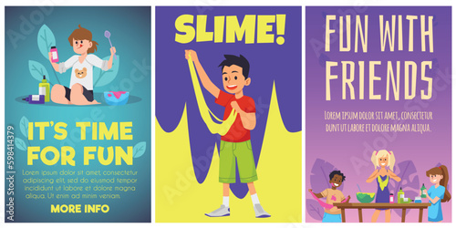 Cards or banners set with children playing with slime flat vector illustration.