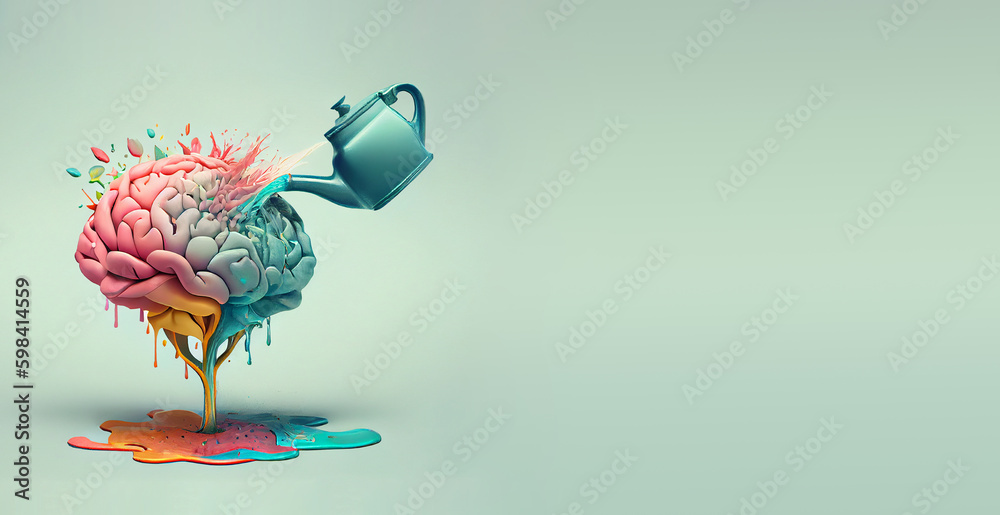 Human brain growing from a tree, watering can is pouring water on the mind, mental health concept, positive attitude, creative thinking, generative AI  - obrazy, fototapety, plakaty 