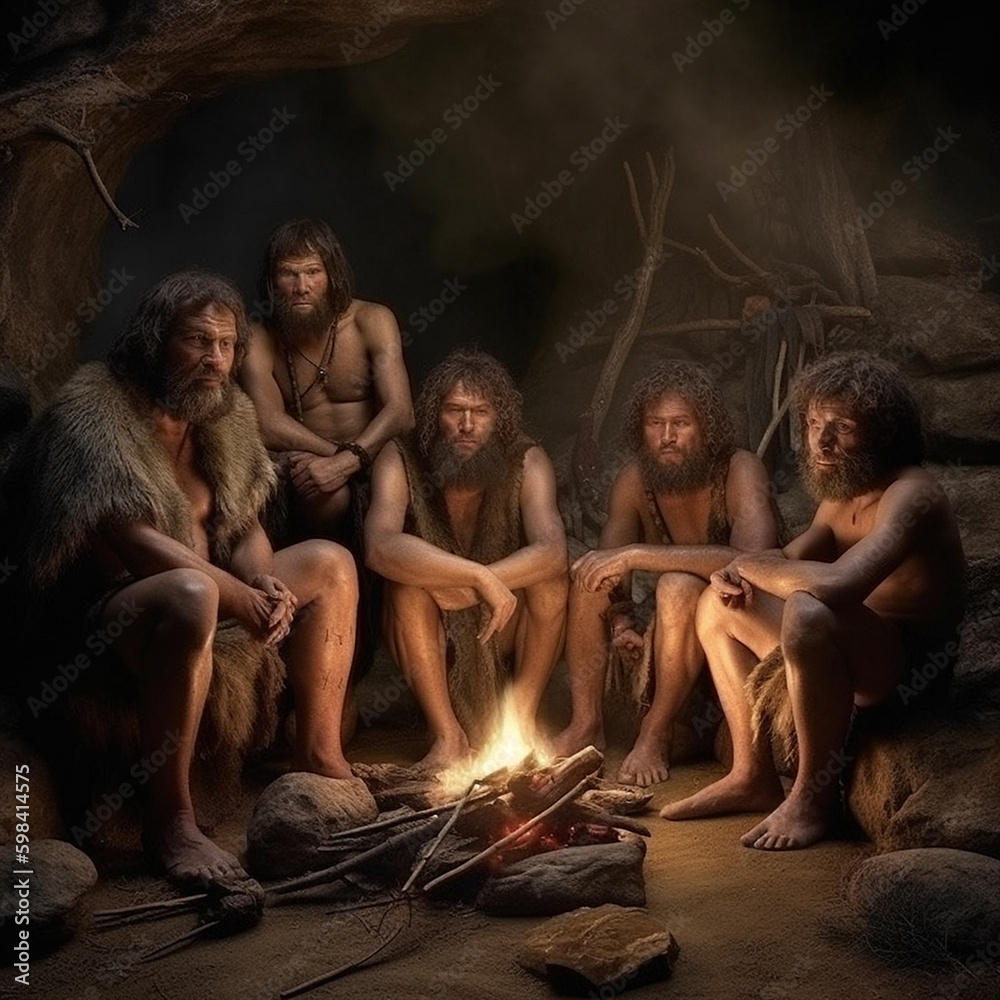 Ilustração do Stock: Prehistoric tribe of cavemen gathering around the ...