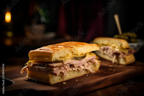 Illustration of a Cuban Sandwich on a wooden plate