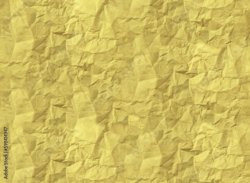 Yellow crumpled paper background, blank rough wrinkled texture