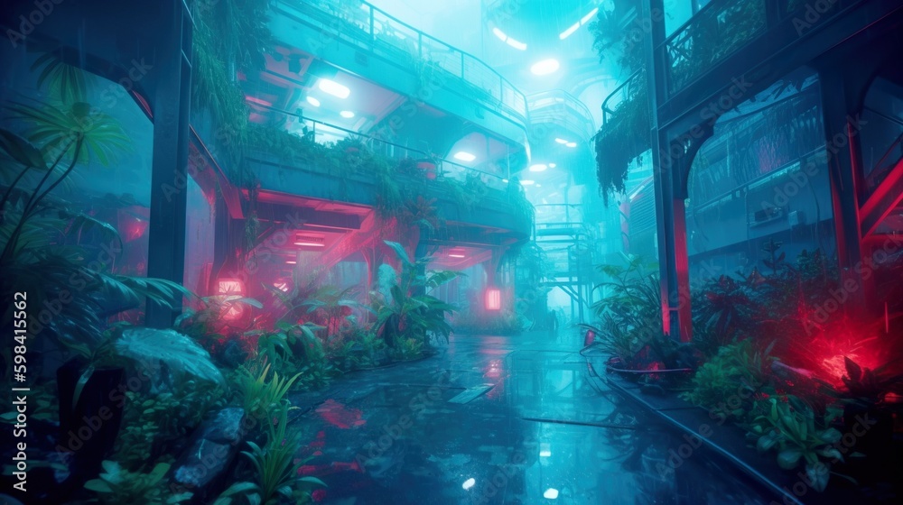 Cyberpunk wallpaper of futuristic cityscape. Turquiose neon lights. City of the future at bright multicolored neon night. Neon Haze. Beautiful urban landscape. Generative AI illustration.