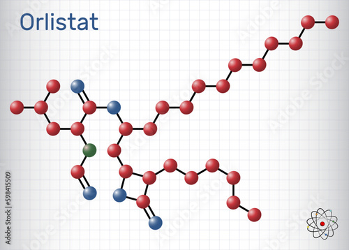 Orlistat molecule. It is lipase inhibitor used in the treatment of obesity. Molecule model. Sheet of paper in a cage