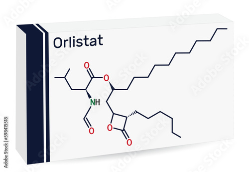 Orlistat molecule. It is lipase inhibitor used in the treatment of obesity. Skeletal chemical formula. Paper packaging for drugs.