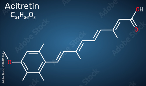 Acitretin molecule. It is retinoid used in the treatment of psoriasis. Structural chemical formula on the dark blue background. photo