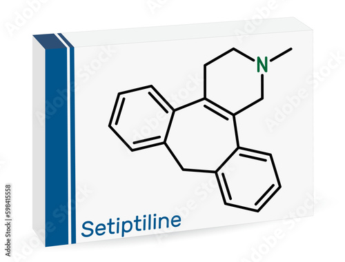 Setiptiline molecule. It is tetracyclic antidepressant TeCA. Skeletal chemical formula. Paper packaging for drugs.