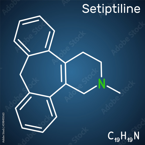 Setiptiline molecule. It is tetracyclic antidepressant TeCA. Structural chemical formula on the dark blue background