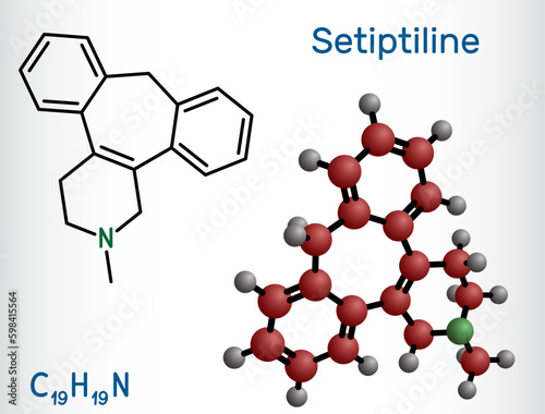 Setiptiline molecule. It is tetracyclic antidepressant TeCA. Structural chemical formula and molecule model.