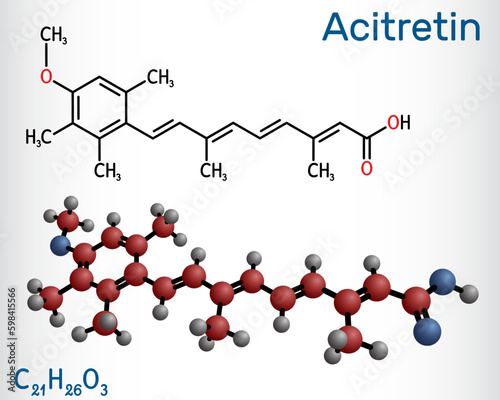 Acitretin molecule. It is retinoid used in the treatment of psoriasis. Structural chemical formula and molecule model. photo