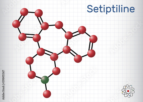 Setiptiline molecule. It is tetracyclic antidepressant TeCA. Structural chemical formula and molecule model. Sheet of paper in a cage.