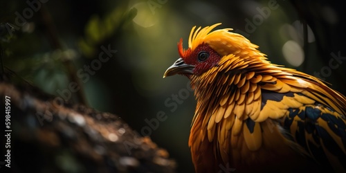 Golden pheasant close up with forest background. Generative AI