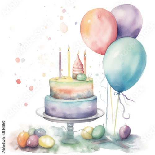 Watercolor Birthday Cake. Illustration AI Generative.