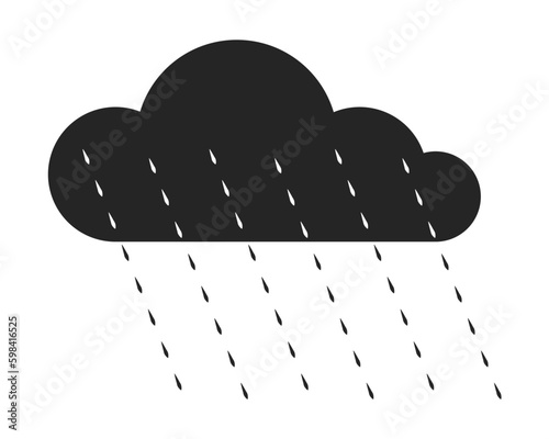 Black gloomy cloud with rain drops flat line black white vector object. Heavy rain. Editable cartoon style icon. Simple isolated outline spot illustration for web graphic design and animation