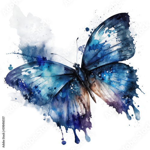 Blue watercolor butterfly. Illustration AI Generative.