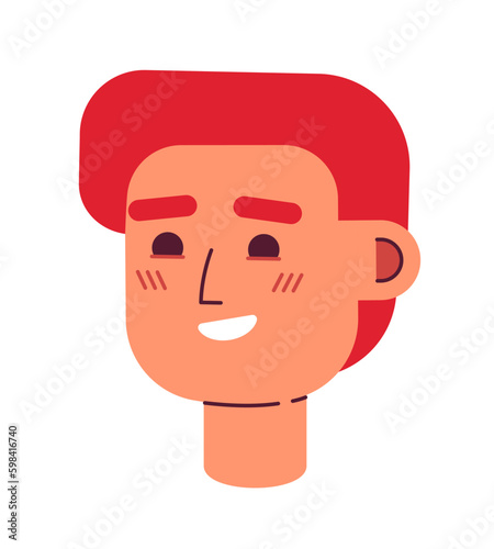 Thrilled with joy young man raising eyebrows semi flat vector character head. Smiling guy. Editable cartoon avatar icon. Face emotion. Colorful spot illustration for web graphic design and animation