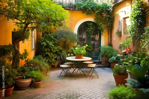 illustration, beautiful Italian style yard with plants and flowers, ai generative © Jorge Ferreiro