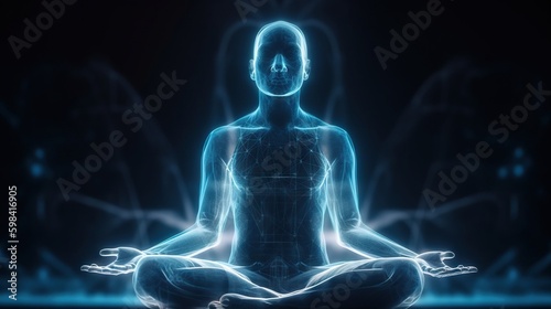 Human meditate in lotus pose with blue energy flow through his body. Transcendental yoga or prayer. Generative AI