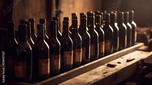 Bottles of red wine on a wooden shelf , Close-up. Generative AI.