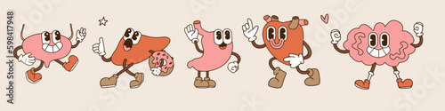 Happy human healthy strong organs set. Vector retro cartoon character illustration. Stomach, liver, bladder, heart, braim toons mascots in trendy 90s style.